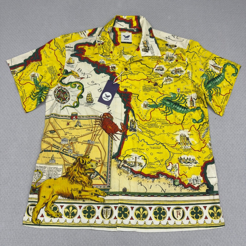 New Yiume Hawaiian Shirt Mens Large Yellow Cotton Vintage Map Print Beach Casual